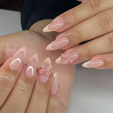 24Pcs Almond Press on Fake Nails Long French False Nails with Pink Bow Wearable Flower Design Oval Manicure Full Cover Nail Tips