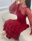 Pisoshare - Red Sequin Satin Ruffled Prom Dress Wedding Evening Party Gown with Long Sleeves Fashion Outfit for Women فساتين الحفلات#18500