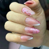 24Pcs Short Press on Nails with Almond Head Full Cover Silver Edge False Nails Nude Pink Glossy Artificial Nails for Girls Daily