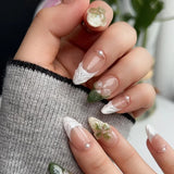 24Pcs Flora Almond Press on Nails with Glue Mori Girl Nail Art Ballet Rural Style Full Cover Wearable Acrylic Nail Manicure Tips