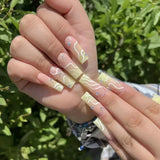 24Pcs White French False Nails Long Coffin Flower Butterfly with Rhinestones French Design Wearable Fake Nails Press on Nails