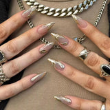 24Pcs Simple French Nails Art Tips Fake Nails 3D Design Wearable Full Cover False Nail Mid-length Almond Reusable Press on Nails