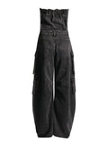 Solid Patchwork Pocket Casual Denim Jumpsuits For Women Strapless Sleeveless High Waist Temperament Jumpsuit Female