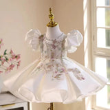 Luxury White Puffy Sleeve Beading Flower Girl Dress Knee Length Princess Kids Wedding Birthday Party Holiday Gown J543