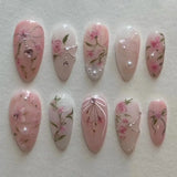 24Pcs Flora Almond Press on Nails with Glue Mori Girl Nail Art Ballet Rural Style Full Cover Wearable Acrylic Nail Manicure Tips