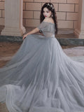 Elegant Gary Evening Dresses Strapless Scoop Neck Dubai Arabic Sparkling Applique Beaded A-Line Formal Party Prom Dresses
