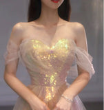 Women's Off Shoulder Evening Party Dress Mesh Glitter Banquet Gowns Mermaid Long Dresses