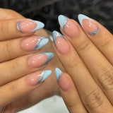 24Pcs Short Press on Nails with Almond Head Full Cover Silver Edge False Nails Nude Pink Glossy Artificial Nails for Girls Daily