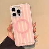 3D Cute Pink Stripes Magnetic Grip Tok Phone Case for IPhone 16 15 14 13 Pro Max Wireless Charge Magsafe Stand Holder Girl Cover