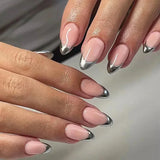 24Pcs Short Press on Nails with Almond Head Full Cover Silver Edge False Nails Nude Pink Glossy Artificial Nails for Girls Daily