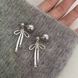 Goth Harajuku Cute Y2K Aesthetic Bowknot Pendant Grey Pearl Beaded Rope Chain Necklace for Girl Choker Cool 90s EMO Accessories