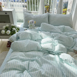 Green Stripe Style Duvet Cover with Bedsheet Pillowcase Soft Bed Linen Skin-friendly INS Seersucker Bedding Set for Boys Girls