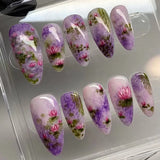 24Pcs Purple Almond False Nails with 3D Flower French Design Press on Nails Wearable Fake Nails Ballet Full Cover Nail Tips