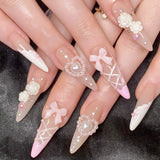 24Pcs Cat Eye Press on Nails with Almond Head Bow Diamond Stick on False Nail Sweet Pink French Full Cover Artificial Nails Tips