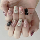 24Pcs Wearable Coffin Fake Nail Tips with Butterfly Camellia Designs Red Long Ballerina False Nails Press on Nails Art Manicure