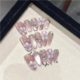 10Pcs Handmade Fake Nails Long Ballet False Nails with Rhinestone Wearable Flower Design Press on Nails Coffin Manicure Tips