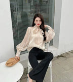 Vintage Satin Silk Shirt Women Fashion Blouse Elegant Turn Down Collar Female Blouse White Long Sleeve Shirts Tops