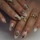 24Pcs Simple French Nails Art Tips Fake Nails 3D Design Wearable Full Cover False Nail Mid-length Almond Reusable Press on Nails