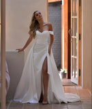 Matte Satin Wedding Dress with High Slit Off-the-Shoulder Neckline Crisscross Ruched Bodice Customize To Measure Robe Mariee