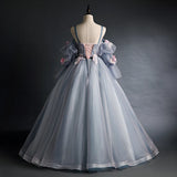 Exquisite Grey Tulle Spaghetti Straps Bridal Evening Party Dress with 3D Floral Detachable Sleeves Photography Gown