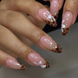 24Pcs Simple French Nails Art Tips Fake Nails 3D Design Wearable Full Cover False Nail Mid-length Almond Reusable Press on Nails