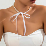 Korean Romantic Imitation Pearl Beaded Choker Fashion Black Velvet Adjustable Bow Necklace Banquet Wedding Jewelry