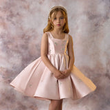 Elegant Pink Satin Girl Dresses Beads Square Collar Knee Length for Kids Wedding Birthday Holiday Party Gown 2024 J145