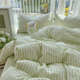 Green Stripe Style Duvet Cover with Bedsheet Pillowcase Soft Bed Linen Skin-friendly INS Seersucker Bedding Set for Boys Girls