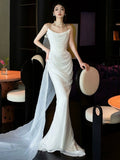 Satin Fishtail Wedding Dresses Simple Light Luxury Mermaid Niche Pleated Sleeveless Ivory Party Slim French Long Bride Gowns