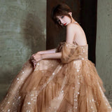 Champagne Evening Dresses Strapless Off Shoulder Ruffle Beading  Sequins Empire Tulle A-Line Woman Formal Party Prom Gowns 2024