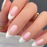 24Pcs Short Press on Nails with Almond Head Full Cover Silver Edge False Nails Nude Pink Glossy Artificial Nails for Girls Daily