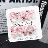 10Pcs Pink Almond Handmade Press on Nails Bow Fake Nails with Rhinestone Decoration Wearable Stick-on Nails False Nail 네일팁