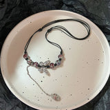 Vintage Black Rope Handmade Natural Stone Beads Butterfly Pendant Necklace For Lovers Women Sweater Chain Aesthetic Jewelry