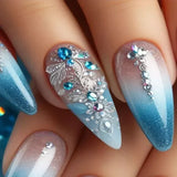 24pcs Summer Goldfish Fake Nails 3D Bubble Press on Nails Multicolored Starfish Almond False Nails Detachable Finished Nail Tips