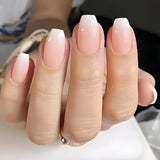 24Pcs Simple Square Head Fake Nail with Jelly Glue Pink White Gradient French Press on False Nails Short Full Cover Nail Tips