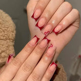 24Pcs Simple Red French Fake Nail Art Set Short Square False Nails with Glue Detachable Nail Tips Love Pattern Press on Nails