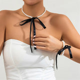Korean Romantic Imitation Pearl Beaded Choker Fashion Black Velvet Adjustable Bow Necklace Banquet Wedding Jewelry