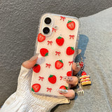 Cute Bowknot Strawberry Glitter IMD TPU Transparent Back Cover For iPhone 13 14 15 16 Pro Max Case