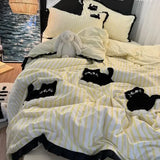 Korean Style Bedding Set Green Strip Black Cat Embroidery Washed Cotton  Duvet Cover Cute Cardboard  Bed linen Comforter Sets