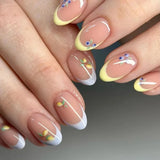 24Pcs Mid-length French Fake Nail with Silver Edge Design Round Head Almond False Nail Wearable Simple Finished Press on Nails