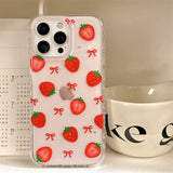 Cute Bowknot Strawberry Glitter IMD TPU Transparent Back Cover For iPhone 13 14 15 16 Pro Max Case