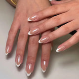 24Pcs Short Press on Nails with Almond Head Full Cover Silver Edge False Nails Nude Pink Glossy Artificial Nails for Girls Daily