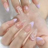 24Pcs Flora Almond Press on Nails with Glue Mori Girl Nail Art Ballet Rural Style Full Cover Wearable Acrylic Nail Manicure Tips