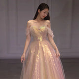 Women's Off Shoulder Evening Party Dress Mesh Glitter Banquet Gowns Mermaid Long Dresses