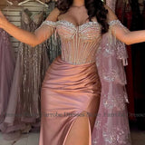 Luxurious Women's Evening Dresses Stretch Fabric Sheath Celebrity Dress Rose Pink Off-the-shoulder Crystals Prom Gown Long