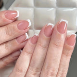 24Pcs Simple Square Head Fake Nail with Jelly Glue Pink White Gradient French Press on False Nails Short Full Cover Nail Tips