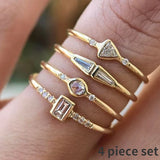 4 pcs/set Geometric Gold Color Combination Round Zircon Crystal Rings Set  for Women Engagement Party Wedding Rings Hand Jewelry