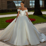 Customized Off Shoulder Arabian Dubai Satin Wedding Dresses A-line Sweeping Train Back Tie Custom Bridal Dress