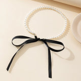 Korean Romantic Imitation Pearl Beaded Choker Fashion Black Velvet Adjustable Bow Necklace Banquet Wedding Jewelry