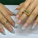 24Pcs Short Press on Nails with Almond Head Full Cover Silver Edge False Nails Nude Pink Glossy Artificial Nails for Girls Daily